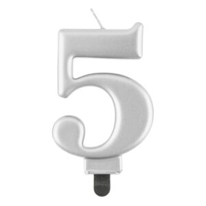 Świeczka cyfra 5 srebrna metaliczna 9 cm