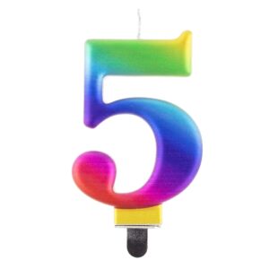 Świeczka cyfra 5 tęczowa metaliczna 9 cm