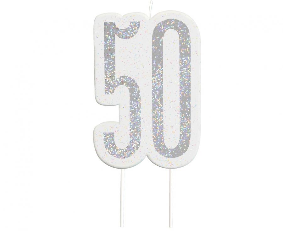 Świeczka 50 srebrna gliterowa